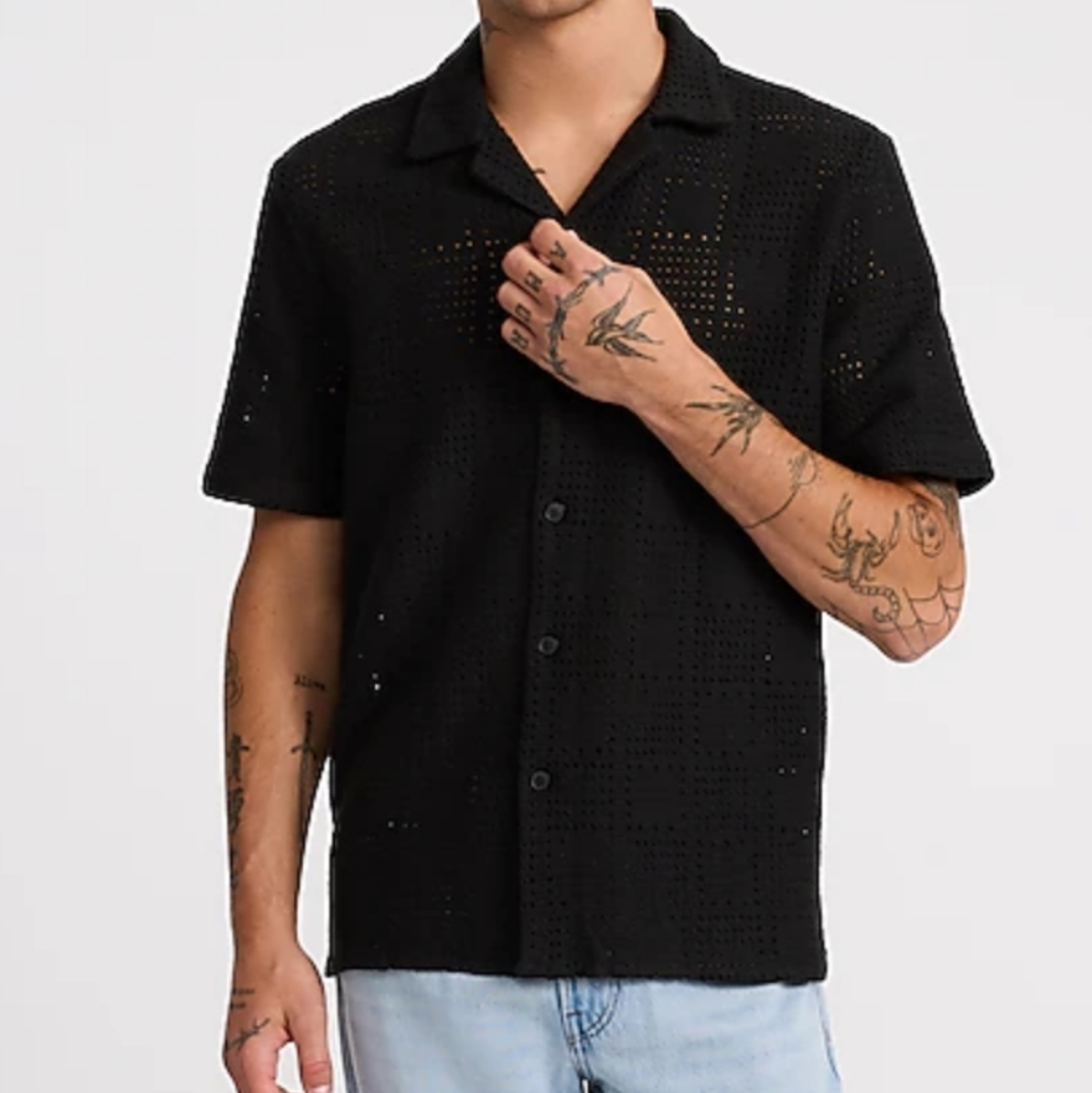 Men's Textured Crochet Lace Short Sleeve Shirt (Tall)